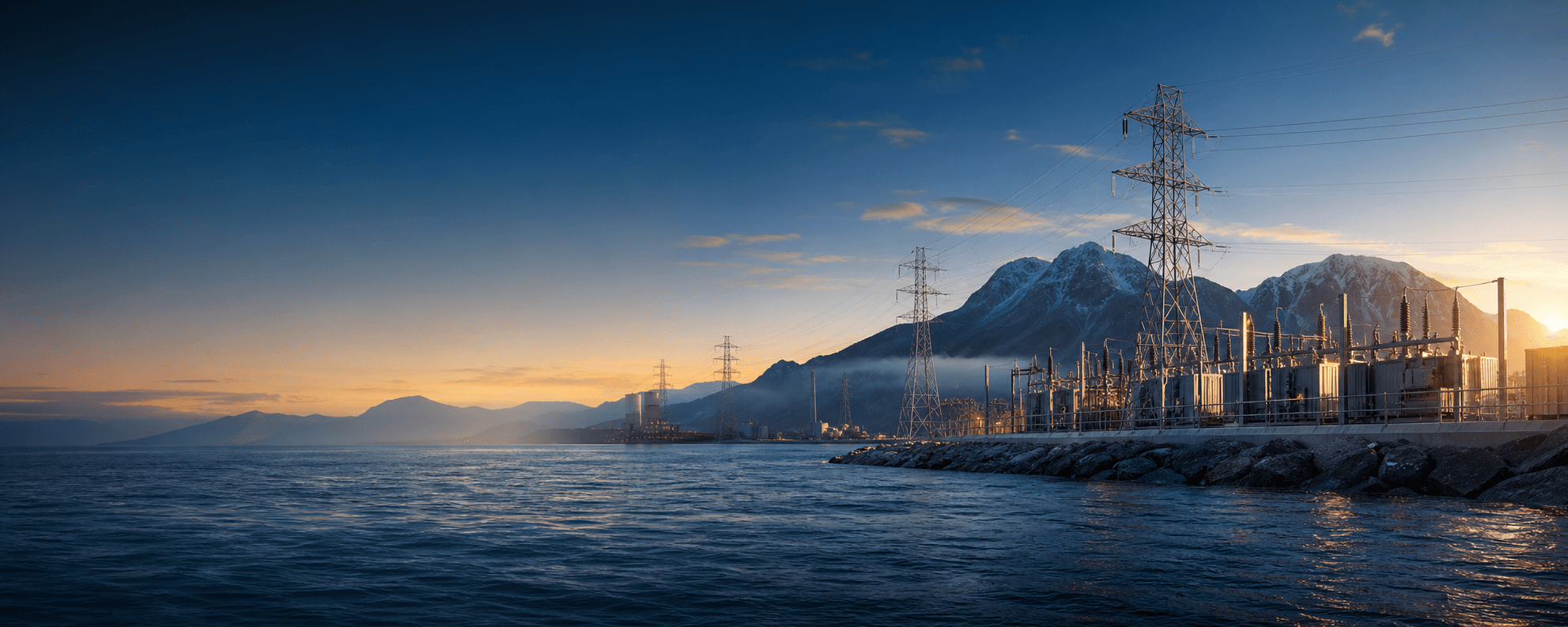 Power infrastructure beside the sea and mountains at dawn